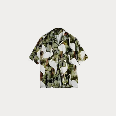 Men's Retro Crane Print Hawaiian Shirt – Summer Breathable Vacation Short Sleeve Blouse